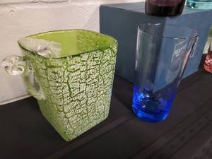 lot 122 image: Set of (4) Marquis Waterford Glasses with a Green Glass Ice Bucket & Cocktail Shaker