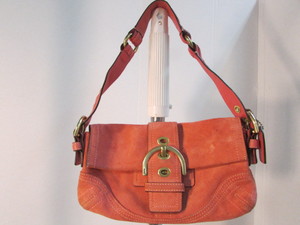 Authentic Coach Salmon Pink Suede Baguette Handbag
