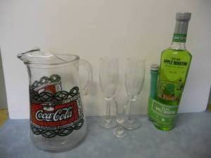 lot 44 image: Coca-Cola Pitcher, Wine Glasses, and Apple Martini Mix