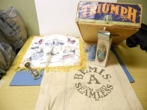 lot 103 image: Triumph crate, Flour sack, glass door knob, etc