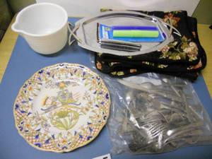 lot 105 image: Collectible plate, Pyrex, Floral pillowcases, cutlery, and more