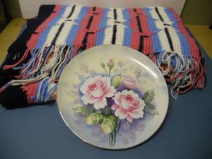 lot 107 image: Handpainted roses plate and knitted afghan throw