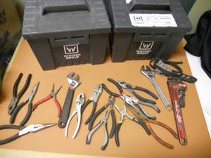 lot 98 image: Tools, Pliers, Wire Cutters, Wrenches, 2 Storage Bins