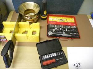 lot 132 image: Tools, Socket sets, Spitoon, Mitre saw with base