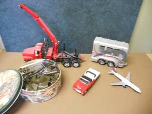 lot 133 image: Toys - Crane, Horse Trailer, Delta Airplane, Convertible, Model Airplane in Tin