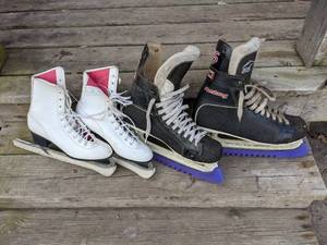 lot 47 image: (1) Pair Womens Ice Skates & (1) Pair Mens Hockey Skates