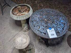 lot 234 image: Bird Bath, Plant Stand and Metal Bistro Table