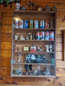 lot 140 image: Wood Shelf Plus Vintage Beer Cans and Misc.
