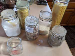 lot 181 image: (7) Lidded Glass Jars with Dry Goods