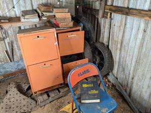 lot 277 image: Metal Storage Units (2), Motorbike Tires and Vintage Car Parts & Repair Manuals
