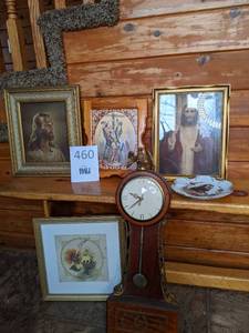 lot 460 image: Lot of Religious Wall Art and Vintage United Banjo Clock