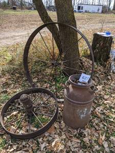 lot 627 image: Antique Milk Can & Two Rusty Wheels