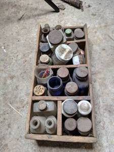 lot 375 image: Rustic Wood Crate Filled with Old Bottles