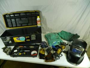 lot 59 image: Welding Helmet, Dewalt Grinder, and Welders Toolbox