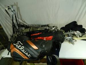lot 99 image: 3 Golf Bags, Golf Clubs, Cart