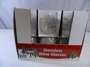 lot 124 image: 12 New Holiday Stemless Wine Glasses
