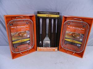 lot 134 image: 2 New Large Roasting Pans and New BBQ Tool Kit