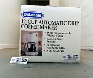 lot 204 image: Delonghi 12 Cup Automatic Drip Coffee Maker Never Used Still in Original Box