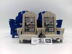 lot 261 image: Decorative Adirondack Chair Set 4 Blue Votive Holders and 2 Picture Frames