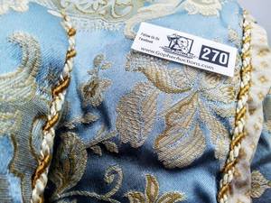 lot 270 image: Beautiful Blue and Gold Twin Sized Brocade Comforter and Pillows