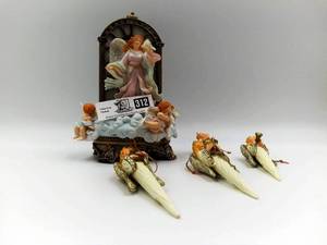 lot 312 image: Vintage Readers Digest Angel Decorations and Vintage Avon Angel Music Box Plays Hark The Herald Angels Sing Still works (see video) All Never Used Still in Boxes