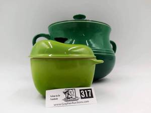 lot 317 image: Le Creuset Large Green Bean Pot with Cover and Mini Green Apple Cocette Stoneware with Cover