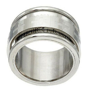 lot 309 image: 2 QVC Steel by Design Ring Our Father Spinner Ring Size 8 and Wood