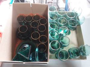 lot 7 image: 2-Boxes Of Green Glassware-Goblets, Mugs, Misc.