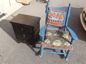 lot 14 image: Black 3-Drawer Cabinet With Unique Hardware 21x14x26, Blue Wicker Back Rocker With Wood Seat