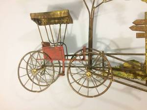 lot 3 image: Unique & Highly Detailed Vintage C Jere Brutalist Red Colored Carriage Ride In The Countryside Brass Metal Wall Art Sculpture - Outstanding Condition For Age  This Sculpture Is Signed On The Front Plus Has A Signed&nbspPlaque&nbspOn The Back