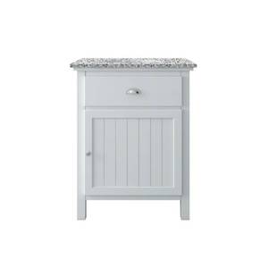 Home Decorators Collection. Ridgemore 28 in. W x 22 in. D Vanity in White with Granite Vanity Top in Grey with White Sink - Back is cracked.