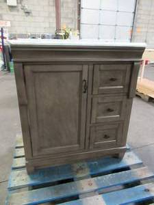 Home Decorators Collection Naples 31 in. W x 22 in. D Bath Vanity in Distressed Grey with Left Drawers and Marble Vanity Top in Carrara White - LH Front Top Corner Cracked.