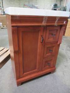 Foremost Naples 24 in. W Bath Vanity Cabinet in Warm Cinnamon with Right Hand Drawers and Top in White, NACA2418D - Internal Doorstop Cracked Slightly.