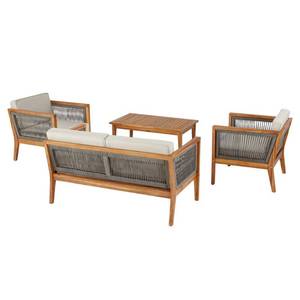 Hampton Bay Willow Glen Farmhouse 4-Piece Wood Patio Conversation Set with Teak Finish and Beige Cushions 81884
