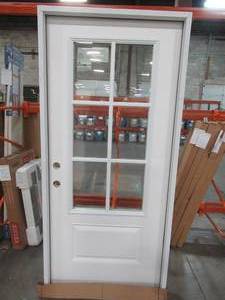 MMI 36 in. x 80 in. Simulated Divided Lites Right-Hand 34-Lite Clear 1-Panel Primed Fiberglass Smooth Prehung Front Door - No Brickmold, Slight Crack in Jamb in Top Corner