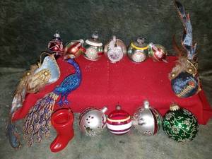 lot 10 image: Wonderful Selection of Vintage Ornaments in Santas Ornament Storage Bag
