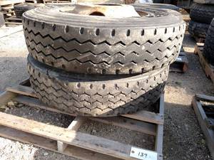 lot 139 image: (2) Retread 11R22.5 Tires on Hub Pi...
