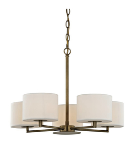 lot 4 image: HOME DECORATORS COLLECTION Manhattan 5-Light Aged Brass Chandelier with Cream Colored Shades