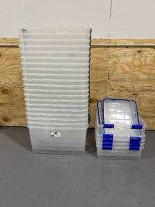 lot 9 image: STERLITE Lot of 19-  70 Qt. Ultra Storage Boxes (no lids) and 5- Unbranded Bonus Storage Boxes (with lids)