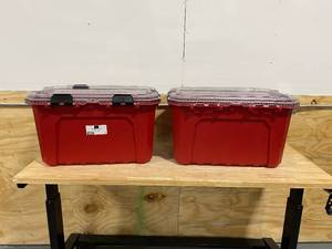 lot 17 image: HUSKY Lot of 2-  20-Gal. Professional Duty Waterproof Storage Containers with Hinged Lids in Red