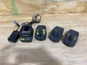 lot 92 image: RYOBI- Three 18v Batteries and One 18v Charger