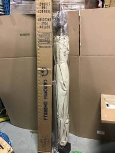 9 ft. Champange Aluminum Pole Market Aluminum Ribs Auto Tilt Crank Lift Patio Umbrella in Antique Beige Sunbrella&nbsp&nbspin good condition