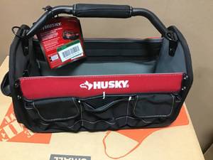 17 in. Open Top Weather Resistant Tool Tote Bag in Red with 18 total pockets and heavy-duty rotating handle by Husky&nbsp&nbspin good condition