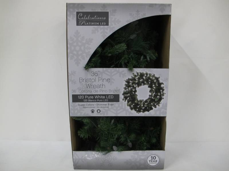 lot 116-B image: Celebrations 4723158-CC618AC Prelit LED Decorated Christmas Wreath, 36, Pure White
