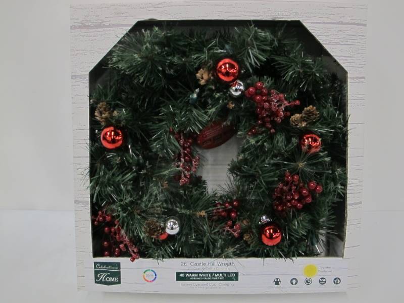 lot 131-C image: Celebrations CHL-4PTF7-26 Castle Hill Prelit Christmas Wreath, Green, 26