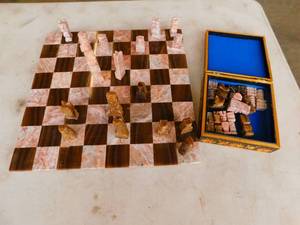 lot 3 image: Marble Chessboard w Marble Chess Pieces