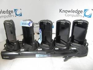 lot 32 image: Lot of 5 Zebra handheld scanners with charging station (one missing battary)