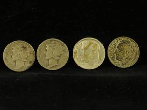 lot 23 image: 2 Mercury Dimes, 2 Roosevelt Dimes