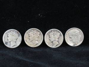 lot 48 image: 4 US Silver Dimes