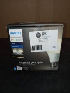lot 86 image: White A19 LED 60W Equivalent Dimmable Smart Wireless Lighting Starter Kit (4 Bulbs and Bridge)